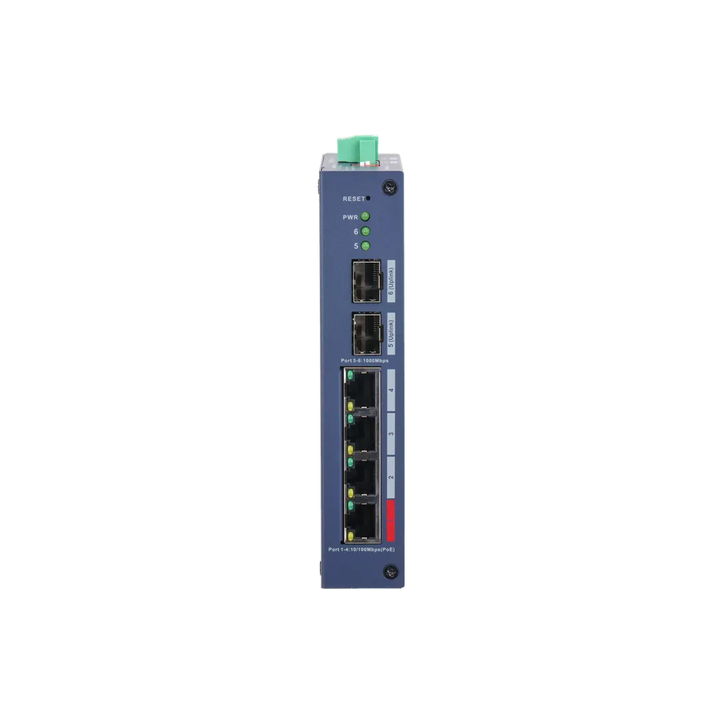 DH-CHS4206-4ET-90. Switch Industrial administrado en la nube, 4 puertos Poe 10/100 + 2 Puertos SFP 1000 Mbps, Proteccion IP30 y IK06.