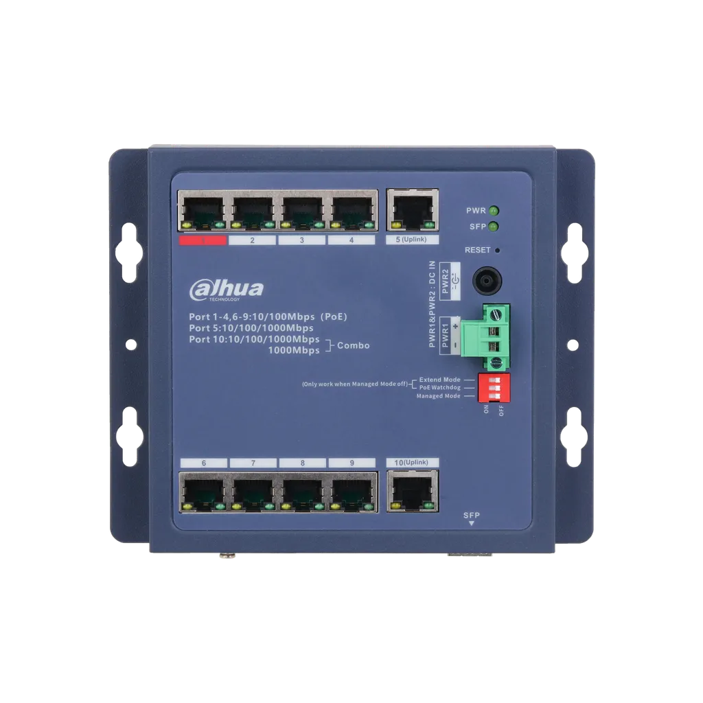 DH-CHS4110-8ET-90-F. Switch Dahua industrial, Puertos del 1-8 10/100 PoE 90 W y 9-10 10/100/1000, Layer 2 con administracion en nube, IP30 y IK06.