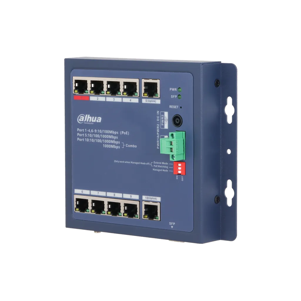DH-CHS4110-8ET-90-F. Switch Dahua industrial, Puertos del 1-8 10/100 PoE 90 W y 9-10 10/100/1000, Layer 2 con administracion en nube, IP30 y IK06. - Imagen 4